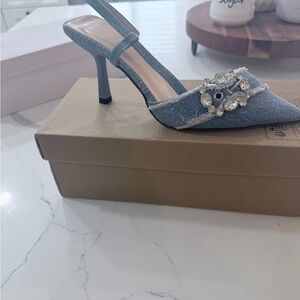 Slingback Pointed-Toe Denim Heel with Crystal Buckle